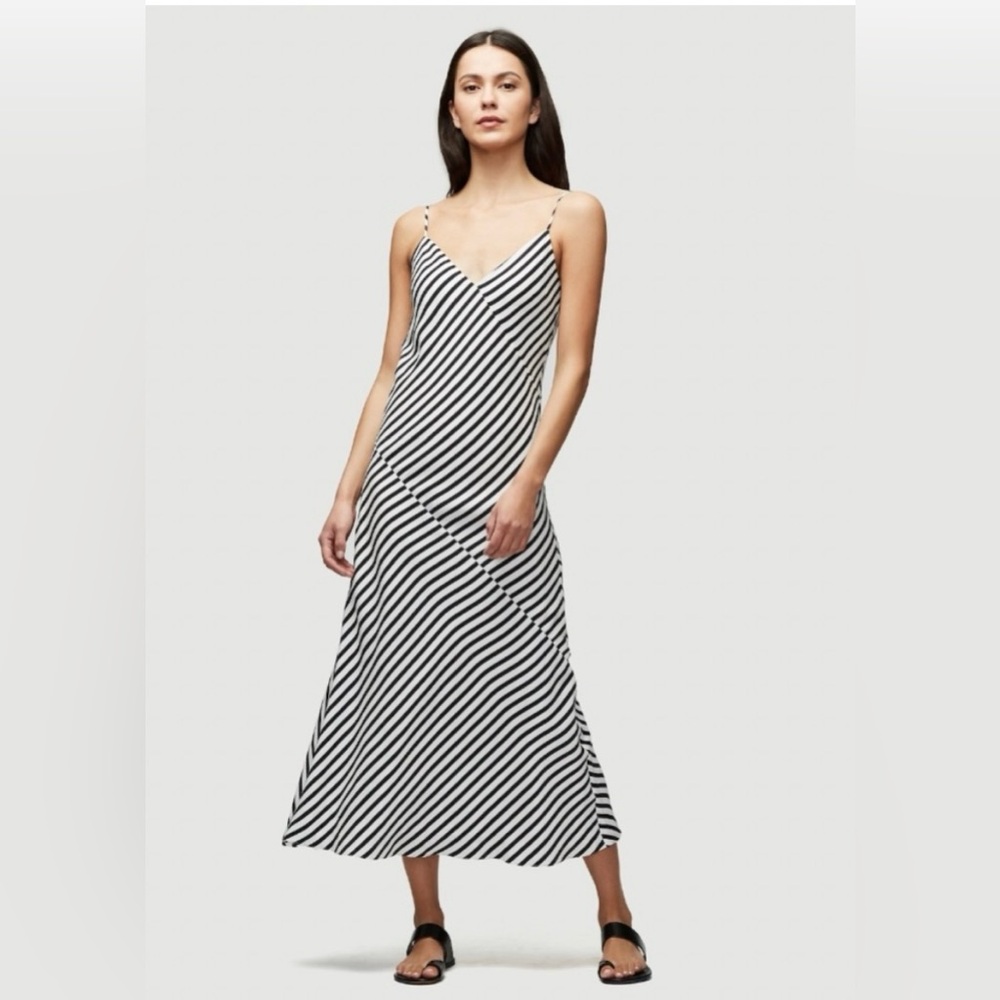 NEW- Frame 100% Silk Dress. Black & White diagonal stripes. Spaghetti straps.